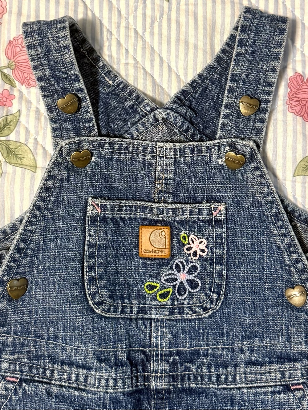 CARHARTT Blue Denim Girl’s Overalls with Embroidered Flowers